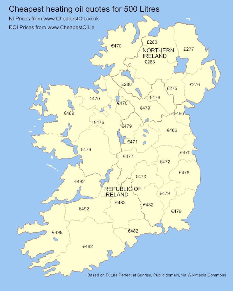 Cheapest Heating oil prices map for every county in Ireland and Northern Ireland