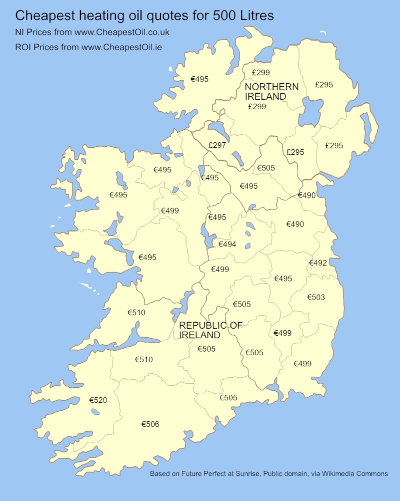 Cheapest Heating oil prices map for every county in Ireland and Northern Ireland